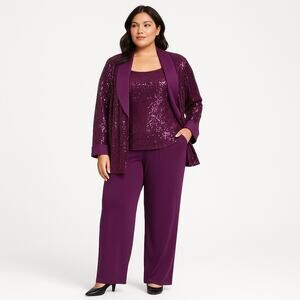NEW R&M Richards Burgundy Wine Sequin Pant Suit Set Jacket Tank Pants Plus 18W